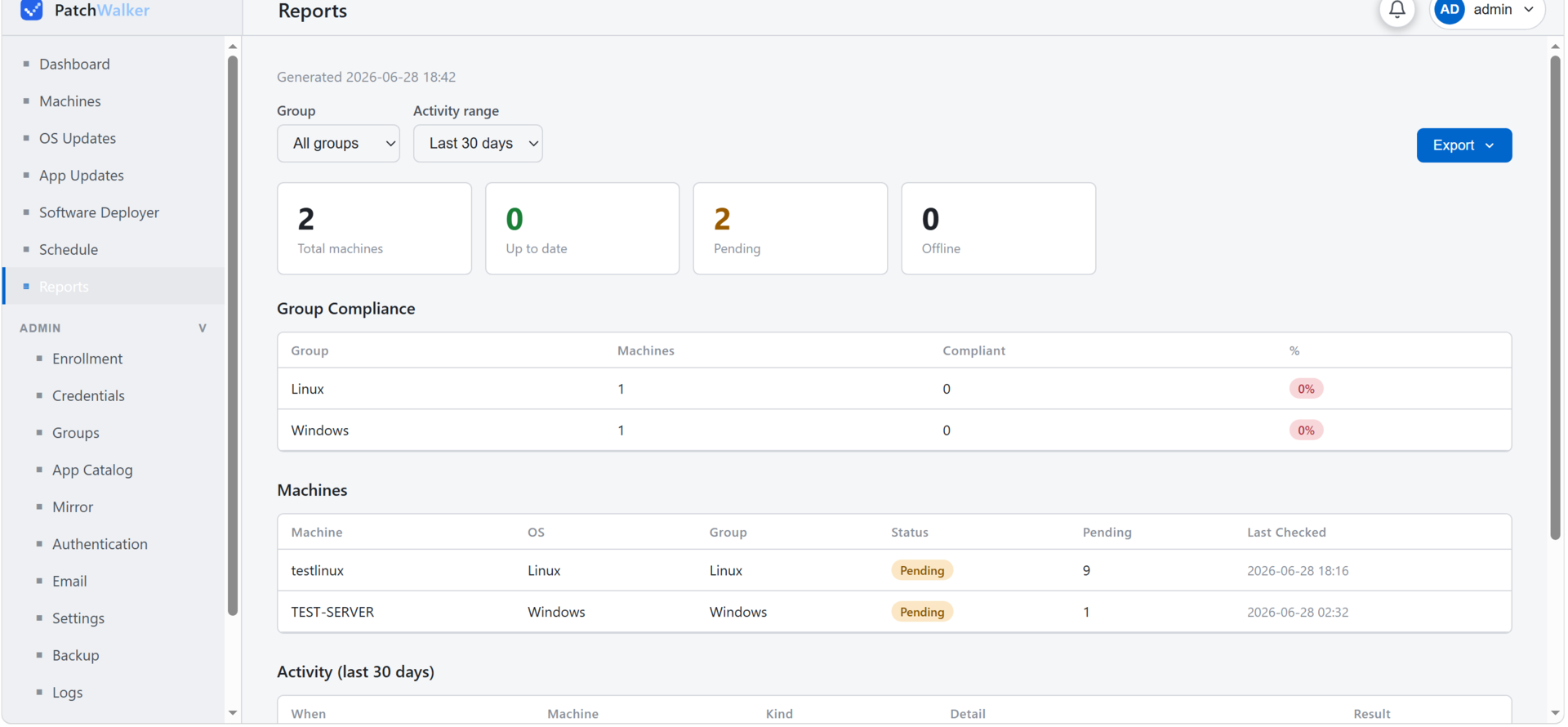 Reports and compliance view with exports