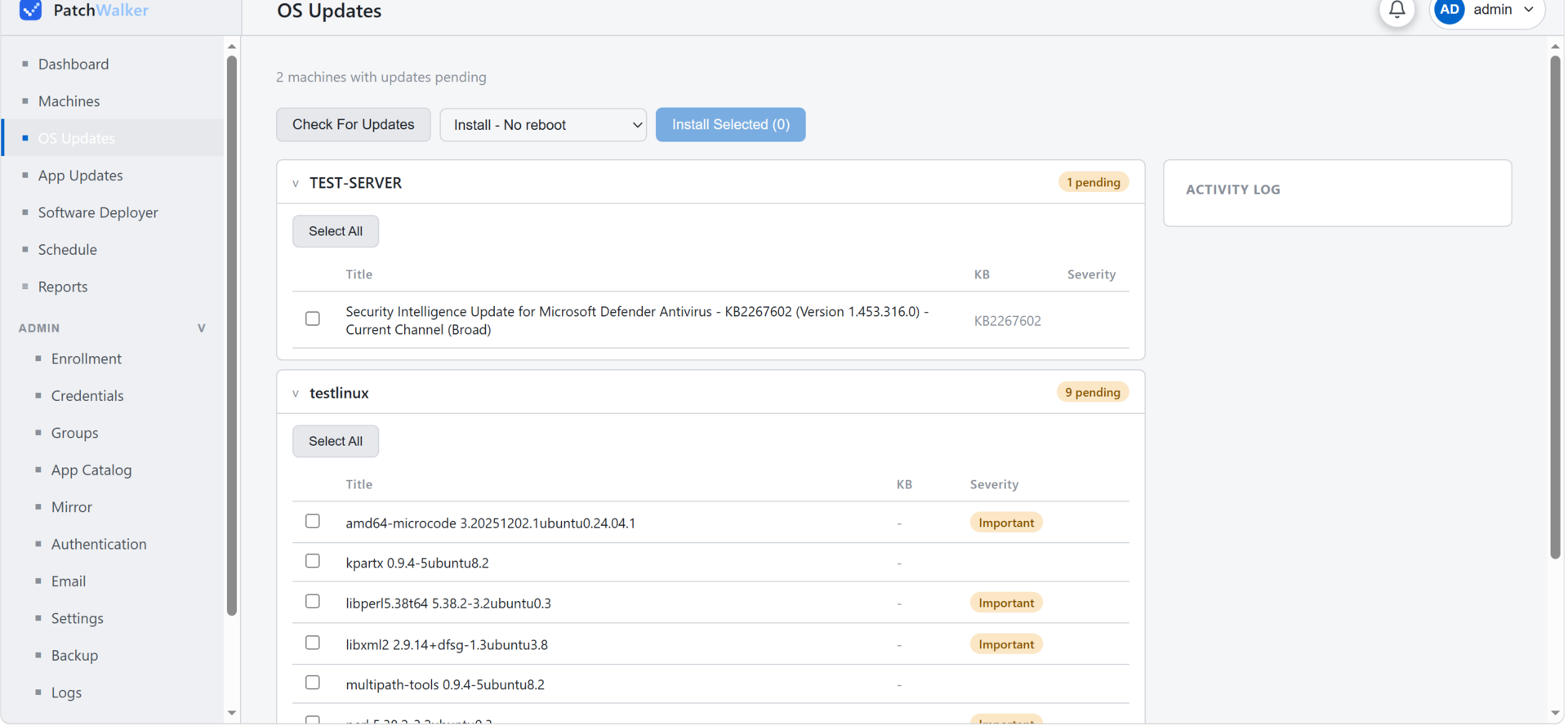 Operating system updates view with per-machine install